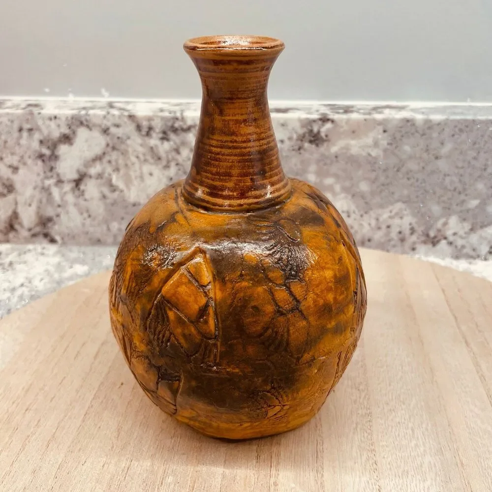 Vintage Otagiri Japan MCM Studio Pottery Vase Incised Bird Stoneware 4